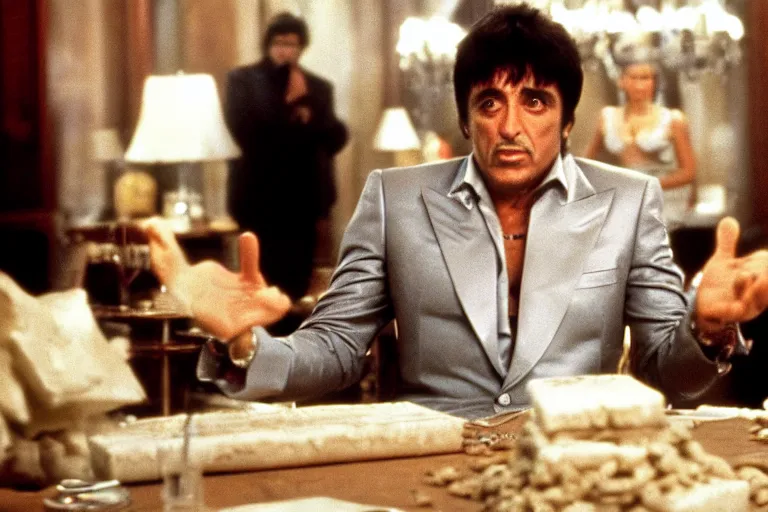 Image similar to tony montana from movie scarface 1 9 8 3 sitting behind a big black oak table with big large packages of flour. al pacino. perfect symmetric face, coherent eyes, ron cobb, fine details, 4 k. last scene from scarface movie, bokeh