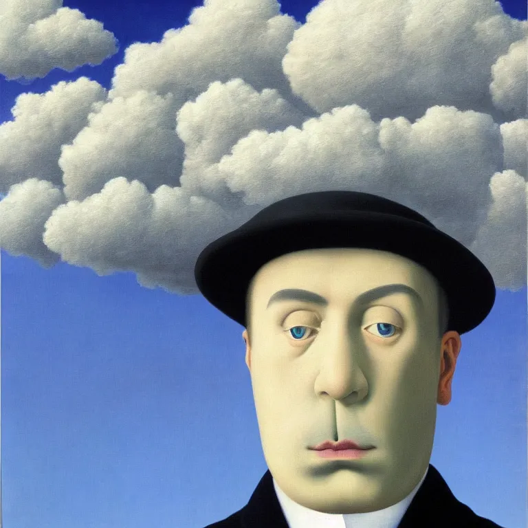 Image similar to portrait of a cloud faced man, by rene magritte, centered, detailed painting, hd, hq, high resolution, high detail, 4 k, 8 k