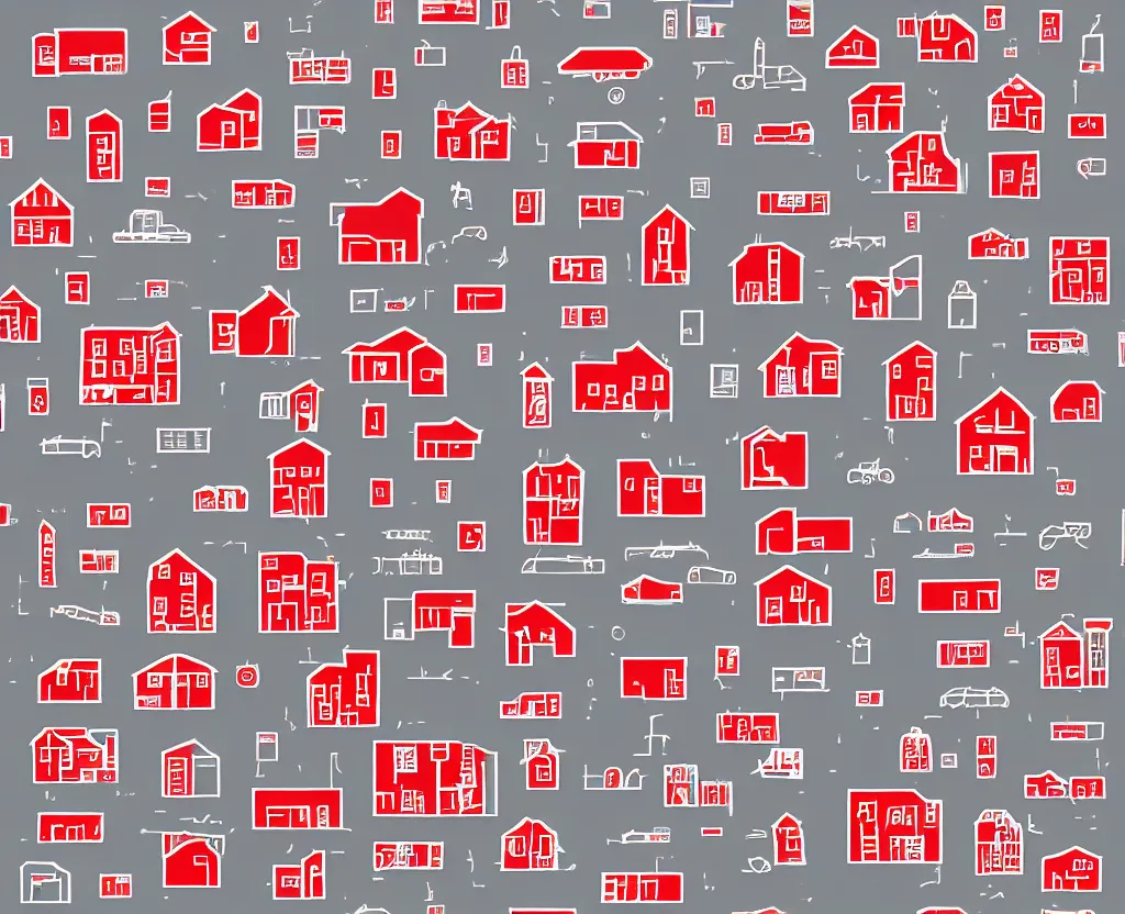 Prompt: tiny rectangular red icons cover a Muted White on Grey Vector map of a little town, vector graphics, highly detailed, technical drawing