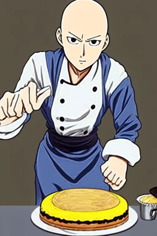 Image similar to chef saitama one punch man, dressed as a pastry chef, making a cake, anime artwork