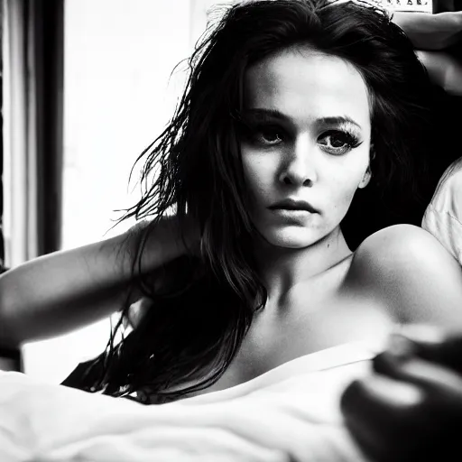Image similar to black and white Vogue photograph, highly detailed portrait of a depressed girl drug dealer lying in bed, detailed face looking into camera, eye contact, natural light, mist, fashion photography, film grain, soft vignette, sigma 85mm f/1.4 1/10 sec shutter, Darren Aronofsky film still promotional image, IMAX 70mm footage