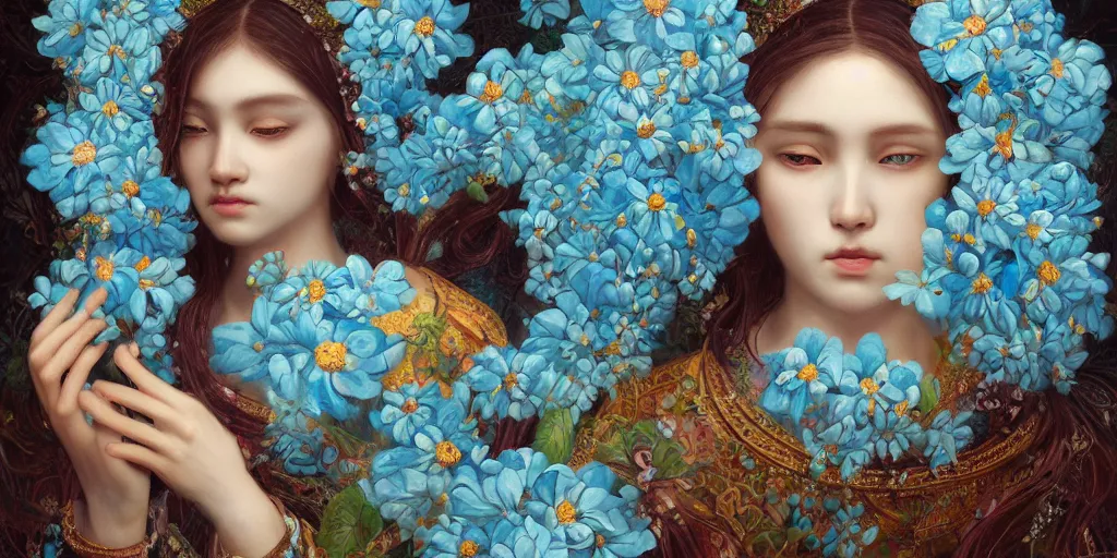 Prompt: breathtaking detailed weird concept art painting of the goddess of light blue flowers, orthodox saint, with anxious, piercing eyes, ornate background, amalgamation of leaves and flowers, by Hsiao-Ron Cheng, extremely moody lighting, 8K