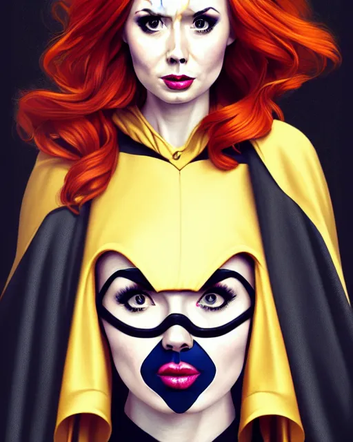 Image similar to Karen Gillan Batgirl, redhead, full body Batgirl costume with cape, no mask, symmetrical face symmetrical eyes, leaping from a building, illustration, artstation, cinematic lighting, hyperdetailed, cgsociety, 8k, high resolution, Charlie Bowater, Tom Bagshaw, Norman Rockwell, insanely detailed and intricate