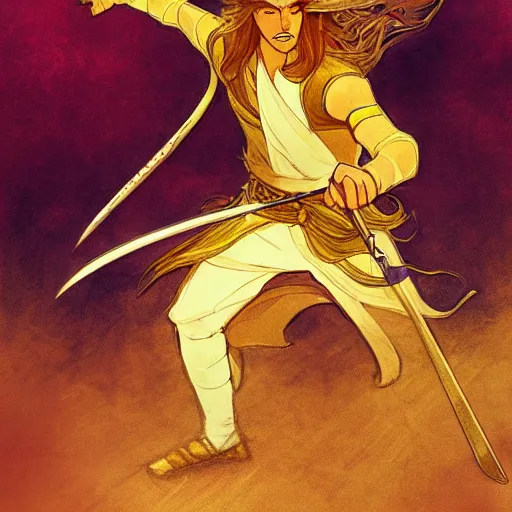 Image similar to a golden swordsman dances on the battlefield, his long hair swirling, fantasy, Mucha, Magic the Gathering, motion blur, dramatic