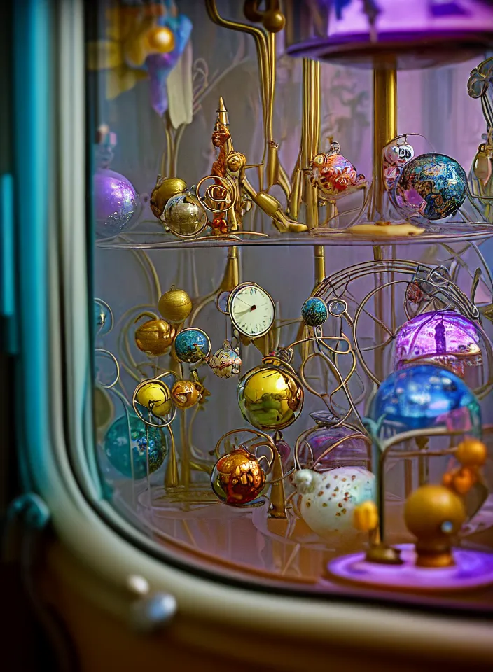 Prompt: telephoto 7 0 mm f / 2. 8 iso 2 0 0 photograph depicting the feeling of chrysalism in a cosy safe cluttered french sci - fi ( art nouveau ) cyberpunk apartment in a pastel dreamstate art cinema style. ( ornaments ) ( ( fish tank ) ), ambient light.