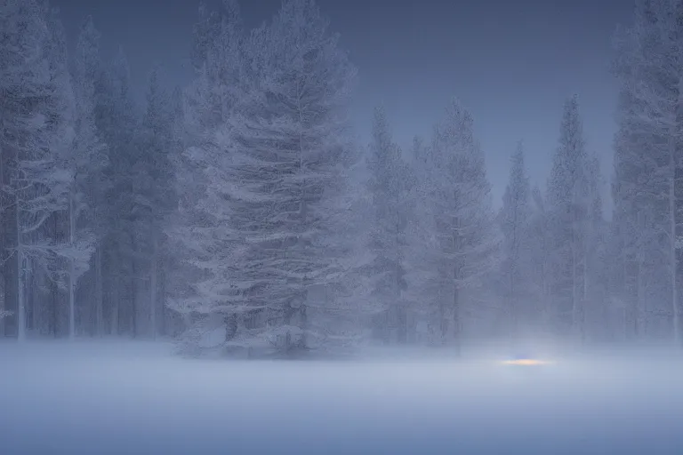 Prompt: lapland, cannon snow covered trees, volymetric light, ethereal, mist, halos, warm colours, dusk, coherent composition, by noah bradley and john howe