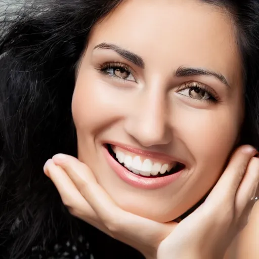 Prompt: german-italian woman with black hair, lovely smile, photo, protrait