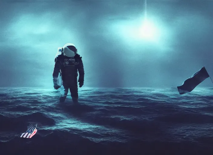 Image similar to astronaut holding a flag in an underwater desert. a submarine is visible in the distance. dark, concept art, cinematic, dramatic, atmospheric, 8 k, trending on artstation, blue, fish, low visibility, fog, ocean floor, christopher nolan, interstellar