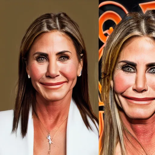 Image similar to old jennifer anniston and courtney cox actress at age 9 0 years old, color ( sony a 7 r iv, symmetric balance, polarizing filter, photolab, lightroom, 4 k, dolby vision, photography award ), vogue, perfect face