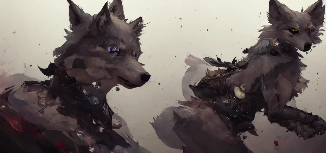 Image similar to concept art of anthropomorphized wolf fullbody, night themed, highly detailed painting by dustin nguyen, akihiko yoshida, greg tocchini, 4 k, trending on artstation, 8 k