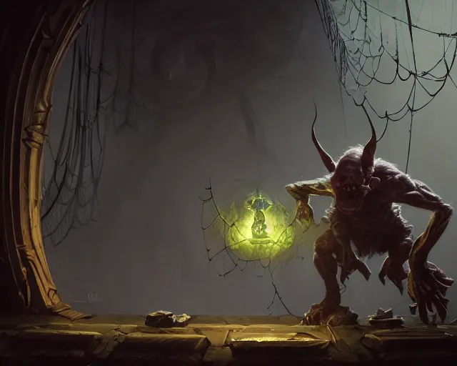 Image similar to a 4 k cinematic screenshot still portrait of a goblin in a dark liminal space room surrounded by spider webs, deep focus, d & d, fantasy, intricate, elegant, highly detailed, digital painting, art station, concept art, matte, sharp focus, illustration, dark fantasy style art, hearthstone, art by artgerm and greg rutkowski and alphonse mucha
