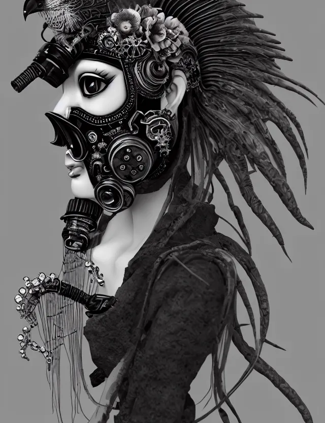 Image similar to 3 d goddess close - up profile punk portrait with vintage gas mask ram skull. beautiful intricately detailed japanese crow kitsune mask and clasical japanese kimono. betta fish, jellyfish phoenix, bio luminescent, plasma, ice, water, wind, creature, artwork by tooth wu and wlop and beeple and greg rutkowski