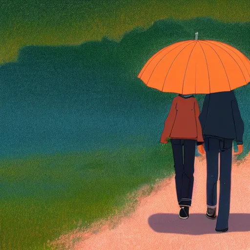 Image similar to a girl age 1 7 wearing a teal sweater and boy with a age 1 7 wearing an teal sweater, walking together under a single orange umbrella through a valley with a mystical atmosphere, looking at each other and blushing, as a medium shot, rule of thirds composition, 8 k detailed, by makoto shinkai, as an anime,