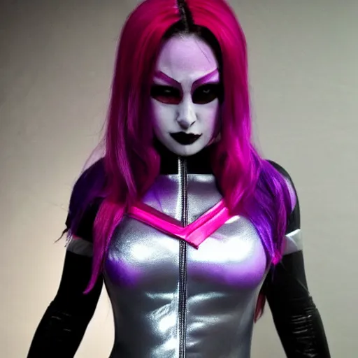 Prompt: a cosplayer dress as Psylocke, dark eerie photo, evil things