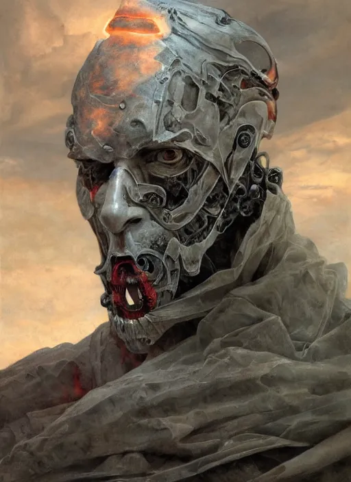 Prompt: portrait of a diabolical marble stone cyborg, wearing torn white cape, dynamic pose, glowing eyes, post apocalyptic ancient ruins, glowing veins subsurface scattering, in clouds, sunset, portrait, by gerald brom, by mikhail vrubel, by peter elson, muted colors, extreme detail, trending on artstation, 8 k