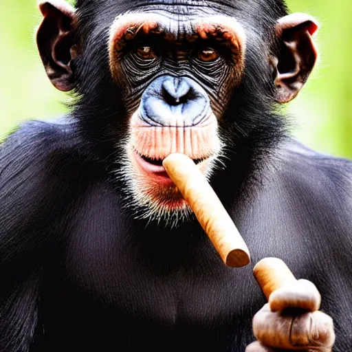 Image similar to a high detail closeup shot of a chimp wearing a suit, smoking a cigar