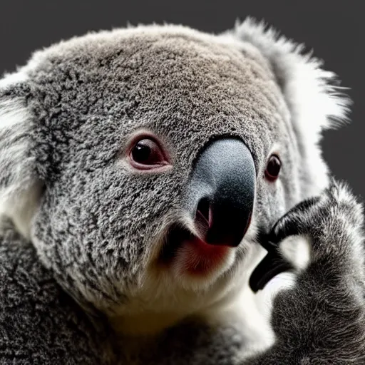 Prompt: award winning nature photograph of a koala with a beak. the beak is a parrot's beak. focus on the beak. extreme detail, hyperrealistic photo, smooth, trending on artstation