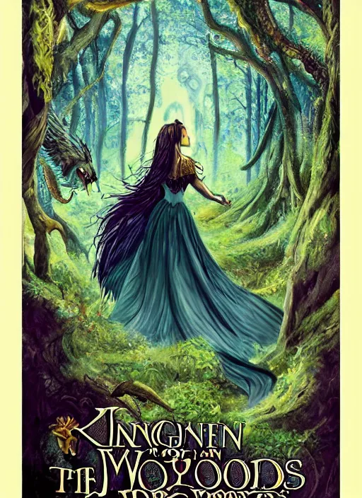 Prompt: movie poster, fantasy, kingdom in the woods, dragons, profile of a beautiful woman, fairies, magical, enchanting, nostalgic, by john alvin,
