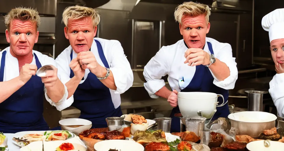 Image similar to gordon ramsay and gordon ramsay nervously showing the camera a dish that each of them prepared