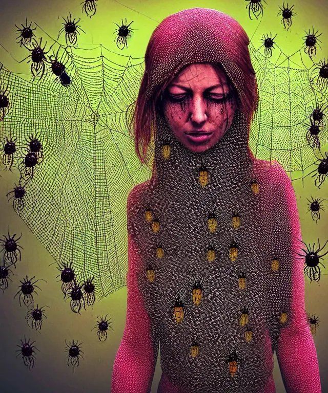 Image similar to a woman standing all covered in spiders. incredible number of spiders. extremely high details, many spider eyes, realistic, horror, creepy, web, masterpiece, colorful art