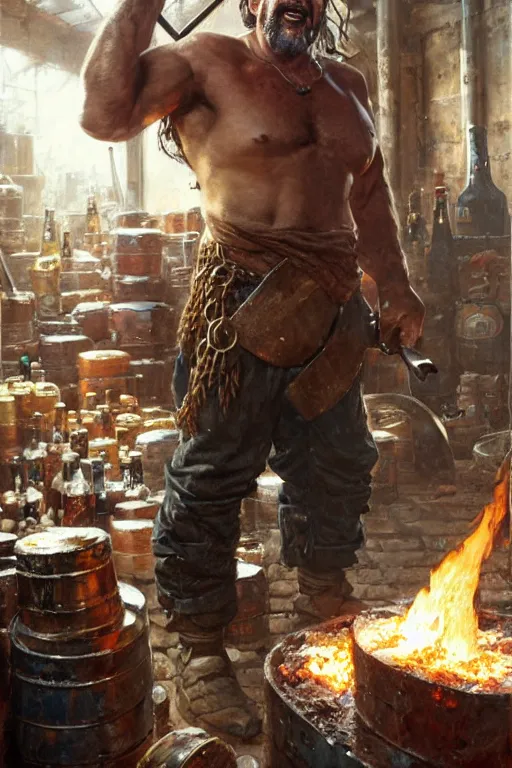 Prompt: goldberg wwf as a blacksmith, many beer cans in background, piles of beer cans, anvil, forge, portrait dnd, painting by gaston bussiere, craig mullins, greg rutkowski, yoji shinkawa