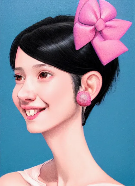 Image similar to portrait of high school girl, realistic, black hair, bangs, half updo hairstyle, pointy nose, skinny, smile, ugly, defined jawline, big chin, pink hair bow, earrings, intricate, elegant, glowing lights, highly detailed, digital painting, artstation, sharp focus, illustration, art by wlop, mars ravelo and greg rutkowski