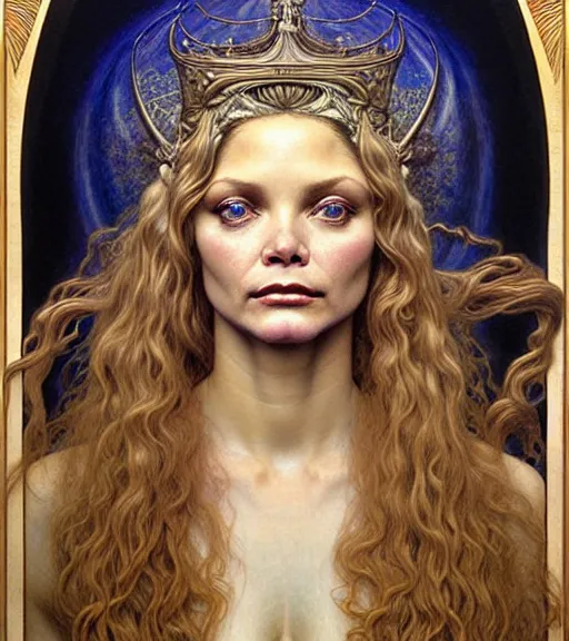 Prompt: detailed realistic beautiful young michelle pfeiffer as queen of jupiter face portrait by jean delville, gustave dore and marco mazzoni, art nouveau, symbolist, visionary, gothic, pre - raphaelite. horizontal symmetry by zdzisław beksinski, iris van herpen, raymond swanland and alphonse mucha. highly detailed, hyper - real, beautiful