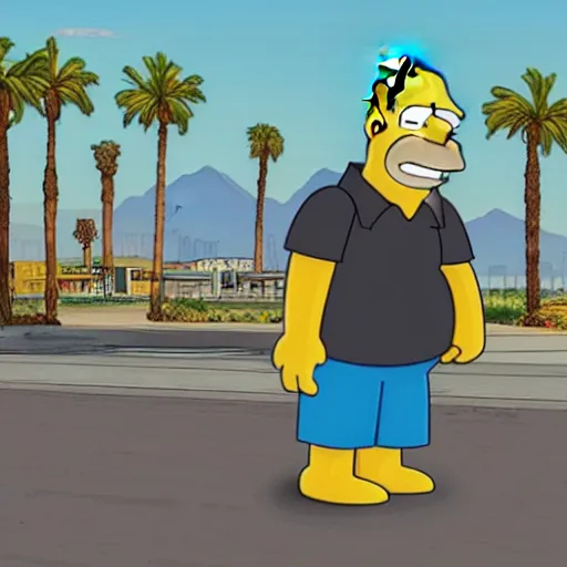 Image similar to Homer Simpson in GTA V. Los Santos in the background, palm trees. In the art style of Stephen Bliss