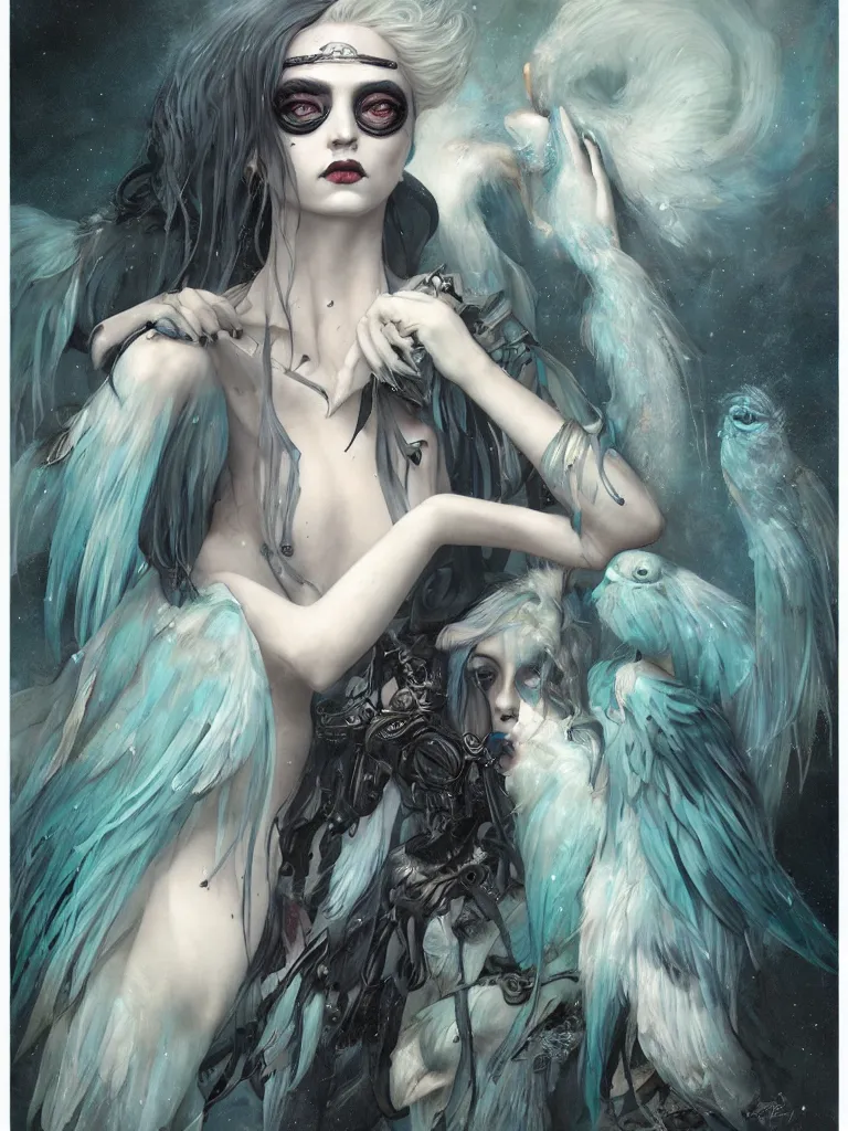 Prompt: a seapunk portrait of a harpy with shadowy eyes and bonewhite hair, with black glossy lips, hyperrealistic, award-winning, masterpiece, in the style of Tom Bagshaw, Cedric Peyravernay, Peter Mohrbacher