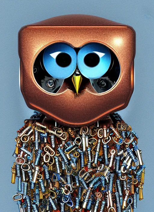 Prompt: colored pencil and pen drawing of an animatronic robot owl, bird made from rusty old keys and padlocks, cosmic background, 8 k photorender realityengine