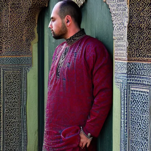 Image similar to realistic photo of a man wearing moroccan clothes, close photo, profile, hd, hdr, 8 k, realism