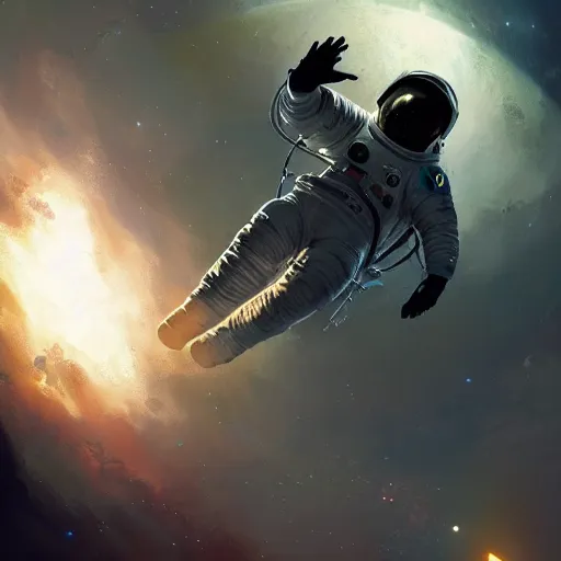 Prompt: painting of an astronaut floating in space by greg rutkowski and craig mullins, Dark cinematic and atmospheric, Dark space, Film photography, UHD 8k,