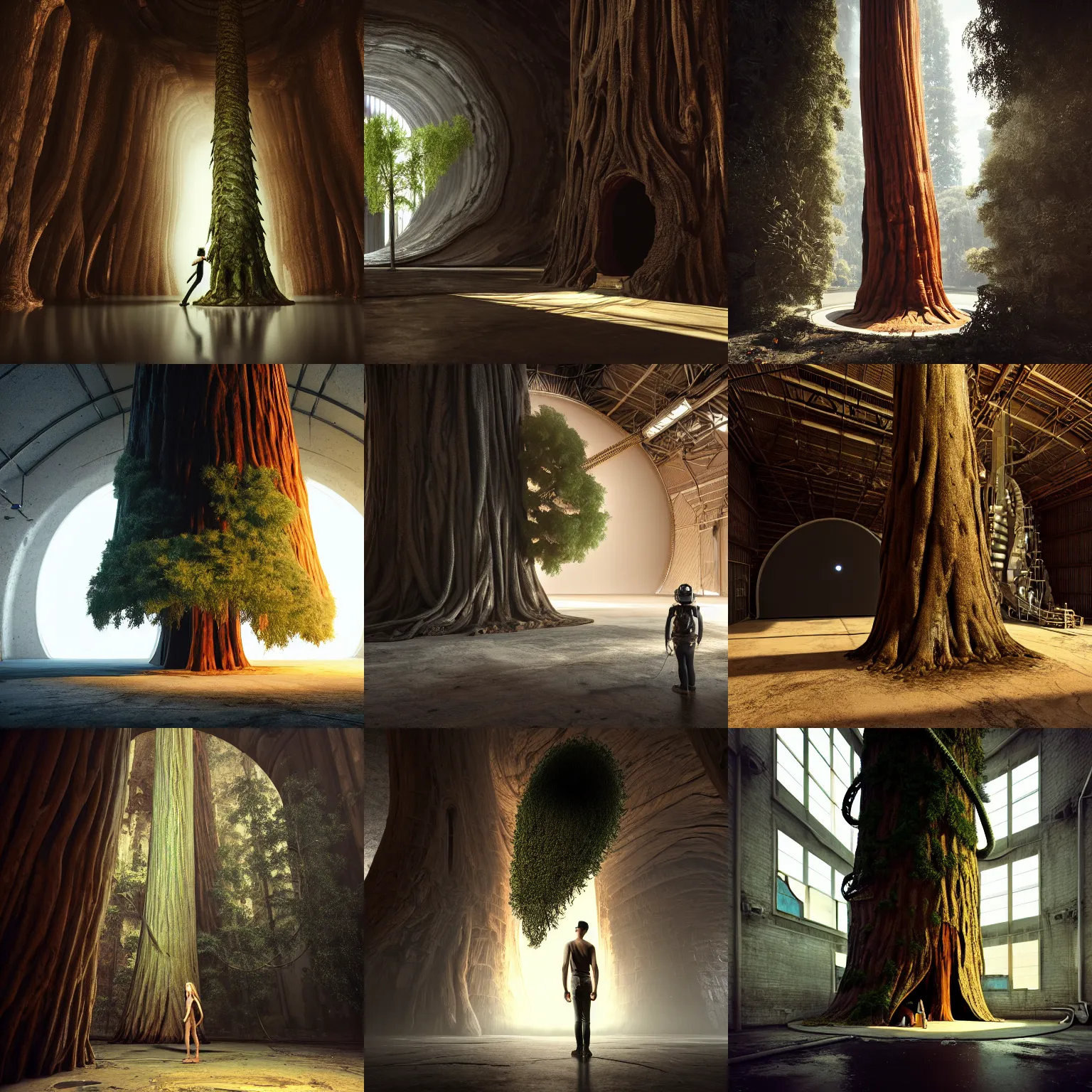 Prompt: inside of an empty warehouse is a giant sequoia tree with a black hole portal in its trunk | glamorous oily soft polished rich tempting ornate modern | weta disney movie still photo | sci fi fantasy, smooth, octane render, sharp focus, artstation, concept art, ig model | artgerm, boris vallego, feng zhu, beeple |