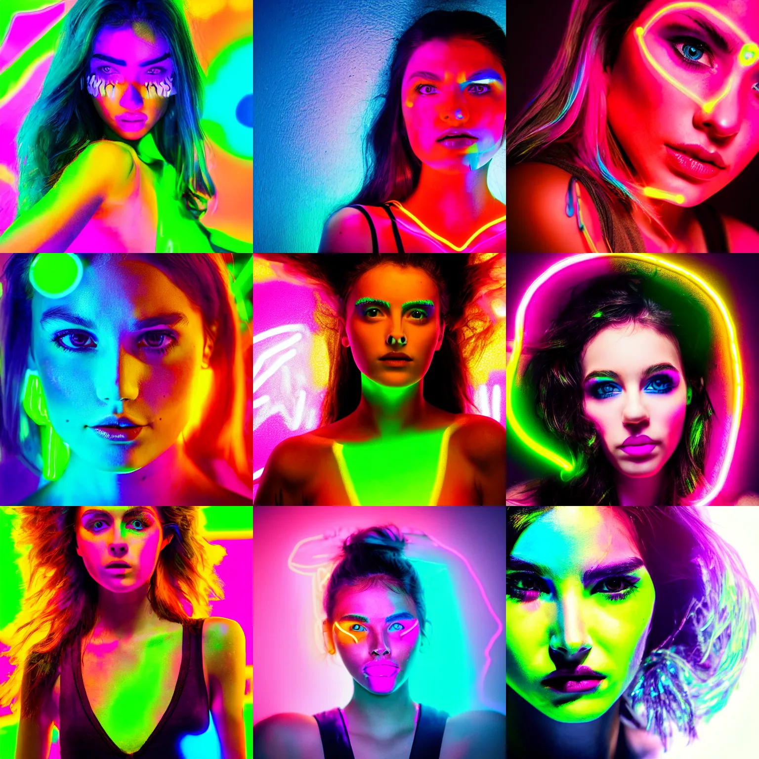 Prompt: a girl glowing with neon colors, high detail of the face, high details, high modernization, high stylization, full body, photo model