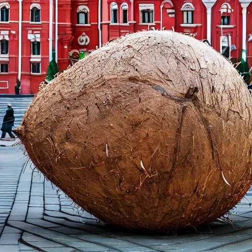 Prompt: symmetrical photo of giant coconut sculpture on red square, super wide shot, bokeh