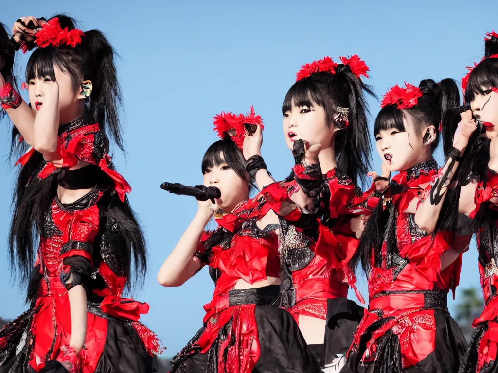 Image similar to babymetal performing on a tropical beach beautiful, scenery, 3 members, high detail, High Definition detail, 8K, photography