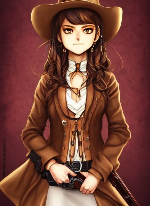Prompt: full portrait of beautiful gunslinger woman in the city, face details, brown tuffle coat, cowboy hat, brown skin, redeyes, high fantasy, dnd, highly detailed, manga illustration, by kurone mishima