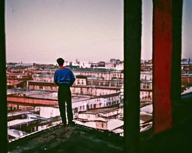 Image similar to lomo photo of man standing on the roof of soviet hrushevka, small town, cinestill, bokeh, out of focus