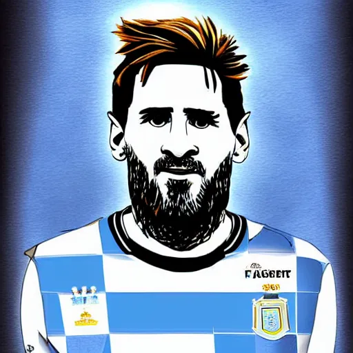 Prompt: messi sitting on a throne with argentina shirt, long beard, digital drawing, fantasy