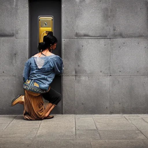 Prompt: incan woman crouching in front of a futuristic door picking a lock