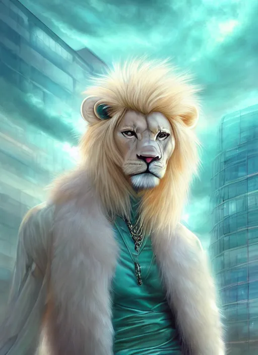 Image similar to aesthetic portrait commission of a of a male fully furry muscular anthro albino lion with a tail and a beautiful attractive hyperdetailed face wearing stylish and creative wearing mint outfit made out of silk in a sci-fi dystopian city at golden hour while it storms in the background. Character design by charlie bowater, ross tran, artgerm, and makoto shinkai, detailed, inked, western comic book art, 2021 award winning film poster painting