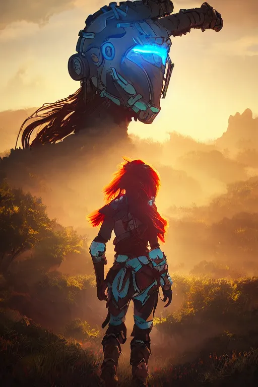 Image similar to combination suit armor aloy horizon forbidden west horizon zero dawn radiating a glowing aura global illumination ray tracing hdr fanart arstation by ian pesty and alena aenami artworks in 4 k tribal robot ninja mask helmet backpack