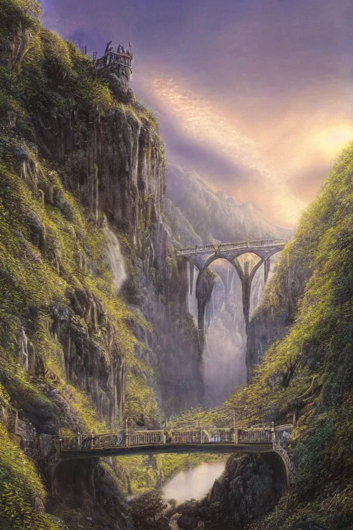 Image similar to beautiful detailed matte painting of Rivendell at the gorge, evening, Alan Lee, Artstation