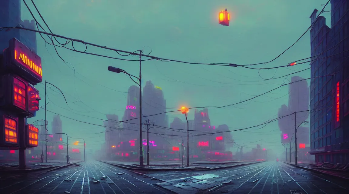 Prompt: building, avenue, cloudy sky, paved roads, in the style of simon stalenhag, by thomas kinkade, trending on artstation, photorealistic, destroyed buildings, vivid colors scheme, neon signs, sharp, cinematic, digital art