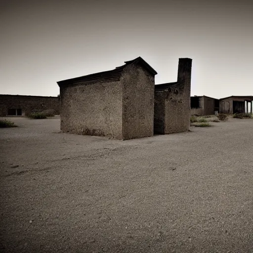 Image similar to a still of a deserted ghost town. Magic hour.