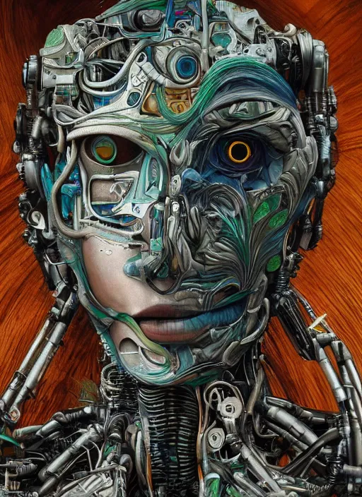 Image similar to a hyper - detailed fine painting of a synthetic humanoid cyborg hybrid half cybernetic and half made of plants and wood, concept art magical highlight, full color tribal and technologic art, variations and fulcolor futuristic