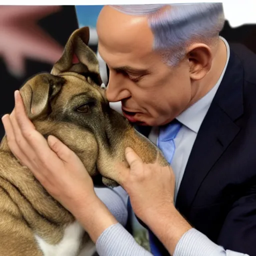 Image similar to benjamin netanyahu kissing a dog, photorealistic, detailed