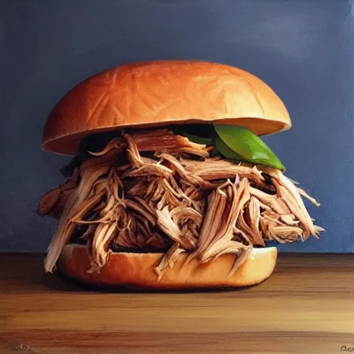 Image similar to pulled pork sandwich, artwork of time okamura