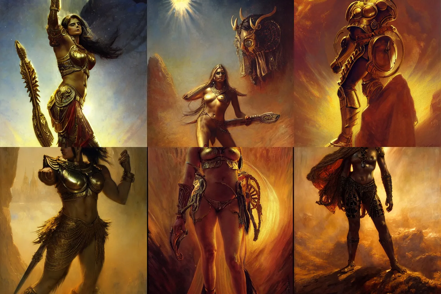 Prompt: handsome full body portrait of a spartan woman posing, radiant light, caustics, war hero, psychedelic dmt, by gaston bussiere, bayard wu, greg rutkowski, giger, maxim verehin, golden halo, golden shining eyes, heavy golden armour, bollywood action movie poster.