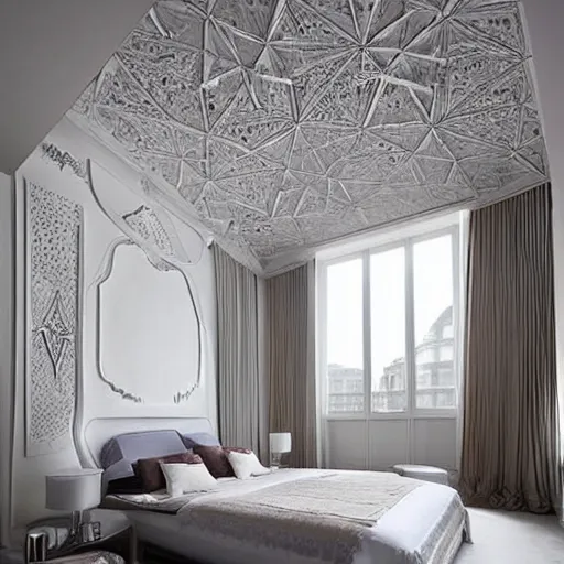 Image similar to a cozy bedroom decorated by zaha hadid, detailed, high resolution, wow!, intricate